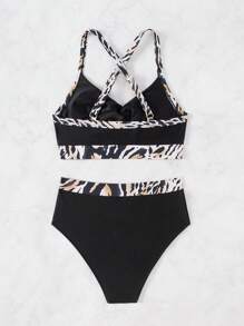 SHEIN Swim 女式印花拼接后背交叉分体比基尼套装夏季海滩 - 彩色 - 查看 4