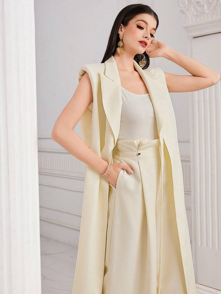 Modelyn Của phụ nữ Cổ áo không bâu Độn vai Áo vest Áo khoác - Màu be - Xem 1