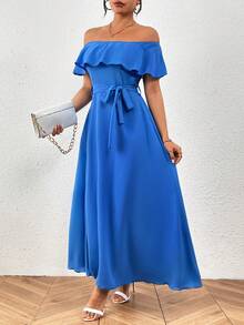 Chiquease 女式純色露肩荷葉邊裝飾腰部束緊連衣裙 - 藍色 - 查看 4