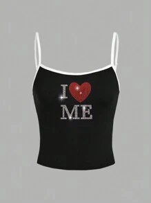 SHEIN EZwear Casual I Love Me Heart Rhinestone Contrast Trim Slim Fit Women Camisole, Suitable For Summer And Valentine's Day Back To School - Black - View 5