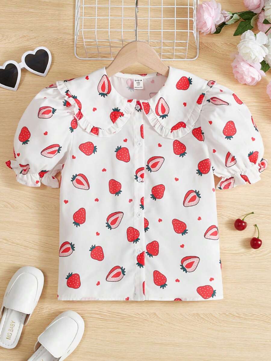 SHEIN 女童寬鬆休閒草莓圖案上衣,襯衫領飾有褶飾 - 白色 - 查看 1