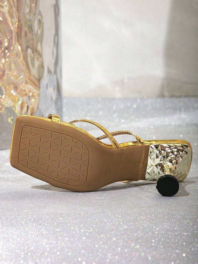 Gold Open Toe Ankle Strap Block Heel Sandals For Women Party Shoes | SHEIN  USA
