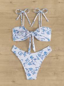 SHEIN Swim Summer Beach Women's Ditsy Floral Print Two-Piece Swimwear Set - Blue and White - View 3