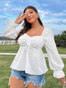 SHEIN SunnyBelle Của phụ nữ Kích thước lớn Lưới Thêu Áo sơ mi Với Người yêu Và Ruffle - trắng - Xem 7