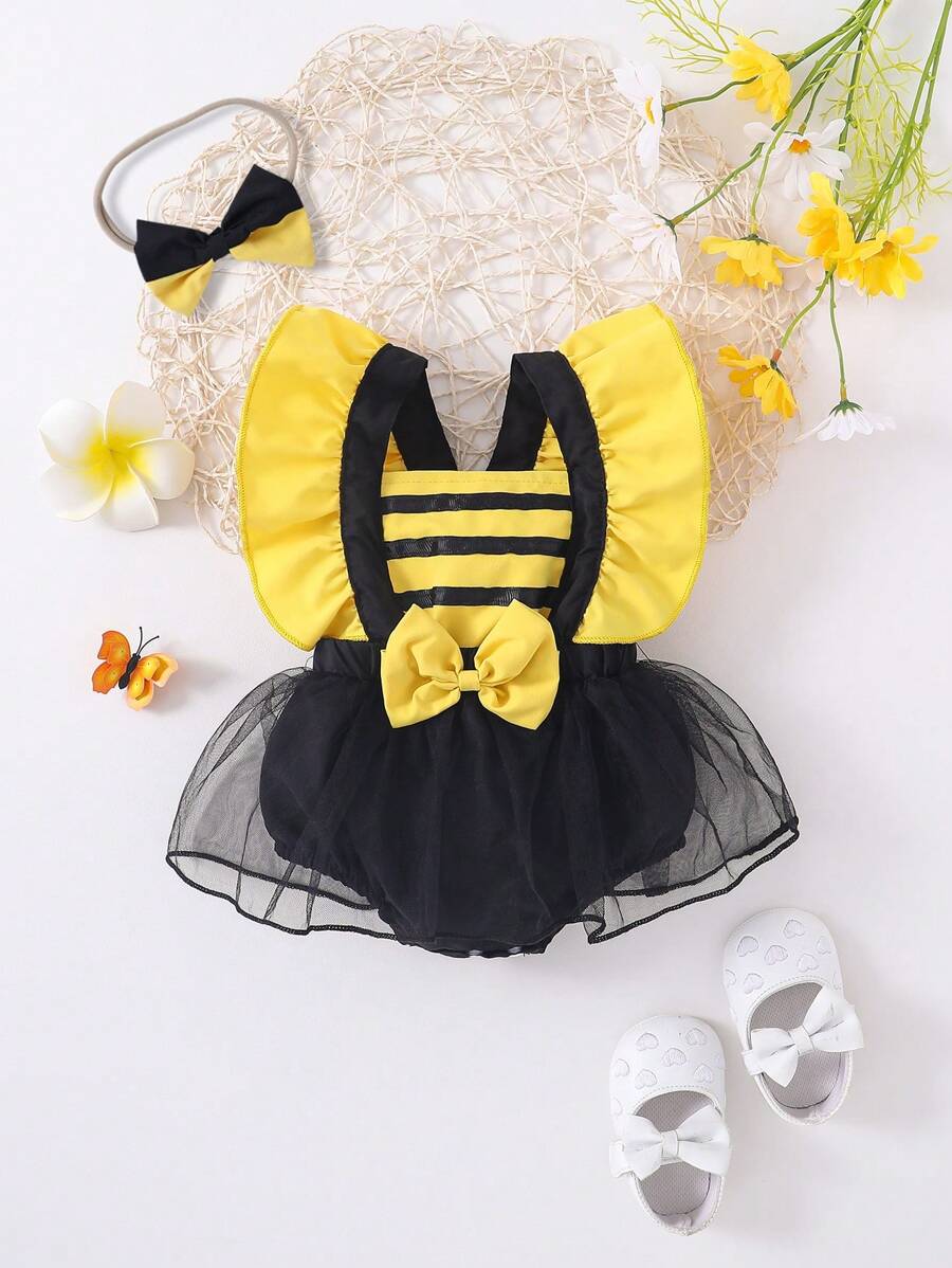 SHEIN Baby Girl Mesh Tutu Suspender Bodysuit With Bowknot, Spring/Summer Casual Party Clothes - Yellow - View 1