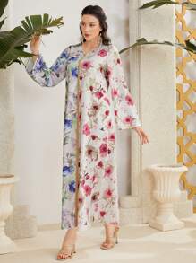 Al Najma 女款拼色花朵印花拼接緞帶連身裙 - 杏色 - 查看 6