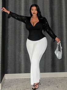 Slaydiva Plus Size Women's Mesh Panel Rhinestone Embellished Long Sleeve Top - Black - View 6