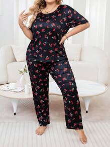 SHEIN 大码女式全身樱桃印花上衣和裤子睡衣套装 - 黑色 - 查看 2