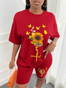 Slaydiva Conjunto De Camiseta Y Pantalones Cortos Con Cuello Redondo Y Estampado De Girasoles Y Mariposas Para Mujer - Rojo - Ver 1