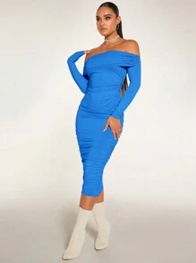 SHEIN BAE Women'S Foldover Off Shoulder Ruched Bodycon Dress - Blue - View 6