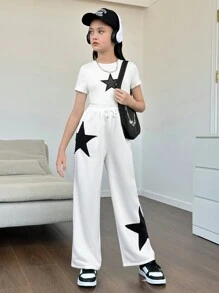 少女鬆身針織休閒運動褲,有星星圖案 - 白色 - 查看 4