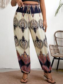 Breezaya 大尺碼女士花卉印花收縮腰褲 - 杏色 - 查看 5