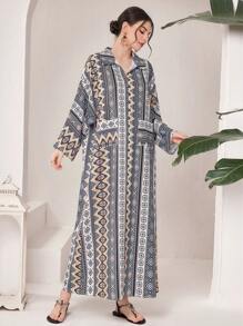 Al Najma Geometric Printed Batwing Sleeve Dress Kaftan Jalabiya Dress - Multicolor - View 3