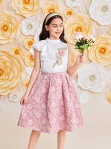 SHEIN Leap Crew 2 sztuki Tween Girl Casual Stand Collar Asymetryczna koszula z falbaniastym dołem rękawów i spódnica żakardowa - Brudny różowy - Zobacz 4