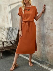 EMERY ROSE Women's Summer Brick Red Round Neck Batwing Short-Sleeve Midi Dress