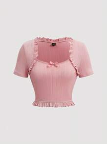 SHEIN MOD Women's Short Sleeve T-Shirt With Frill Trim - Pink - View 1