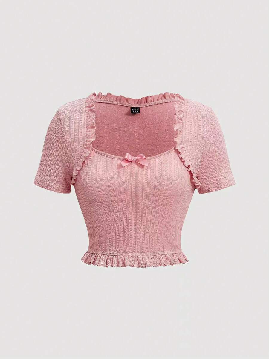 SHEIN MOD Women's Short Sleeve T-Shirt With Frill Trim - Pink - View 1