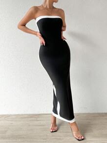 RosyDaze Women'S Colorblock Ruffle Hem Strapless Mermaid Dress Maxi Women Outfit - Black - View 5