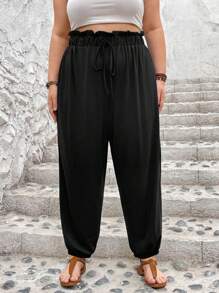 SHEIN CURVE+ Women'S Spring Break Plus Size Solid Color Elastic Waist Jogger Black Pants - Black - View 4