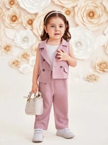 SHEIN Baby Girl Casual Solid Color Suit Collar Sleeveless Vest And Long Pants With Suspender Vest 3pcs Set