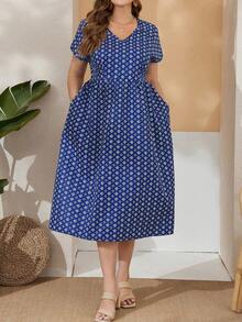 EMERY ROSE 大尺碼女性花卉印花蝙蝠袖洋裝 - 藍色 - 查看 6