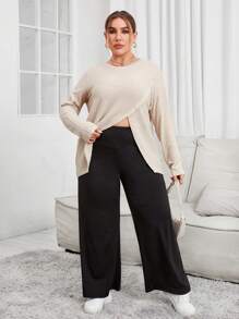 SHEIN Essnce Camiseta Casual De Manga Larga Y Talla Grande Para Mujer Con Diseño De Abertura Frontal Elegante De Color Albaricoque