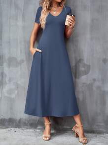 SHEIN Clasi 女式短袖v領連衣裙 - 霧霾藍 - 查看 4