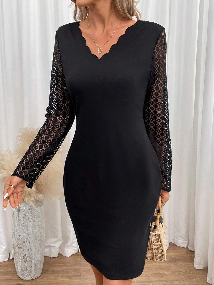 Women's Lace Patchwork Knitted A Line Black V Neck Black Split Dress Winter Elegant Evening Dress