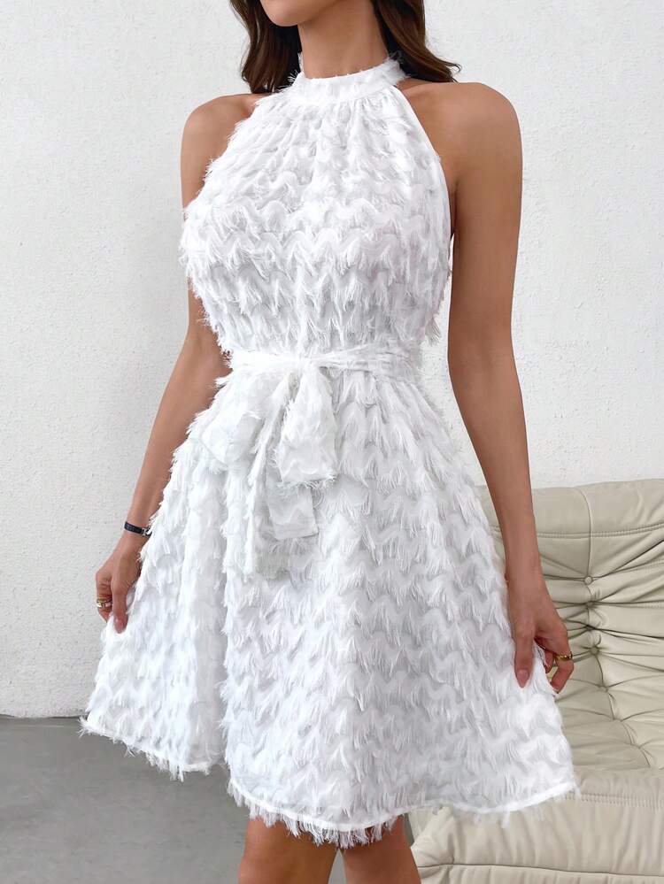 Wedding Guest Feather Fabric Halterneck Dress