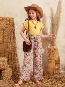 SHEIN Leap Crew Conjunto Casual De Dos Piezas Para Niñas Preadolescentes, Camiseta De Manga Corta Con Cuello Redondo Y Pantalones Anchos De Flores - Amarillo - Ver 6