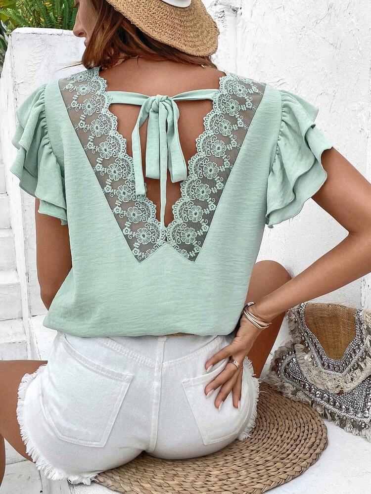 Women'S Lace & Pleated Back Tie Hem Shirt Summer Green Casual Christmas