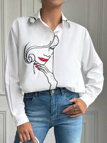 EURMUSE Women'S Abstract Face Printed Long Sleeve Shirt - White - View 3