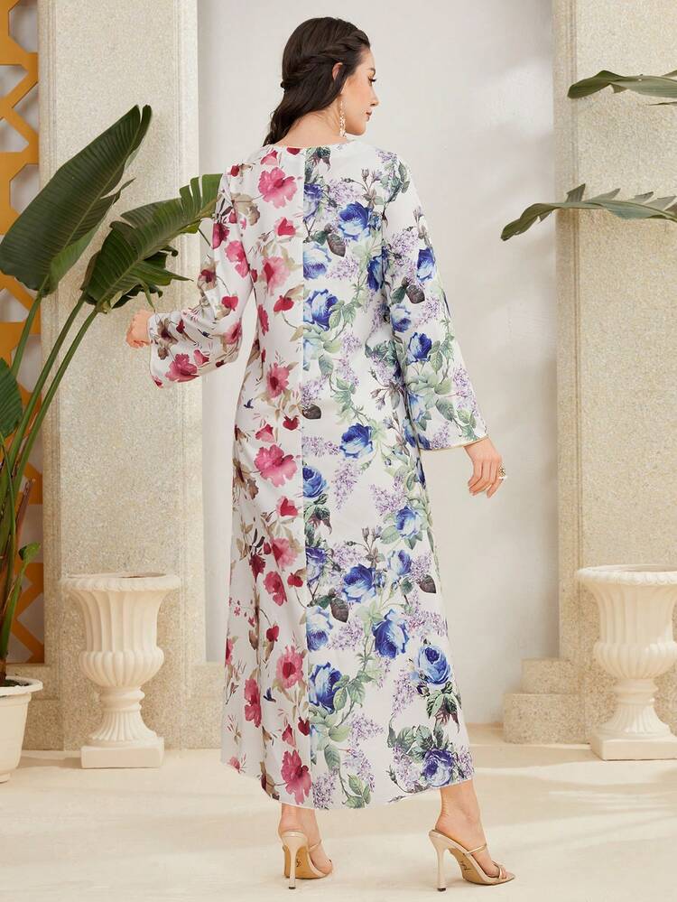 Women's Colorblock Flower Printed Splice Ribbon Dress