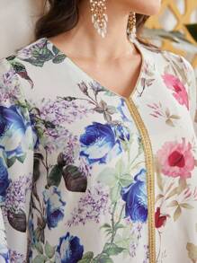 Al Najma 女款拼色花朵印花拼接緞帶連身裙 - 杏色 - 查看 8