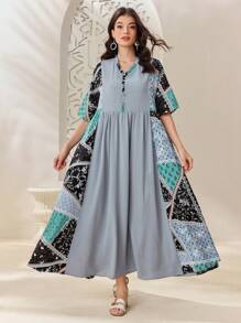 Seusyu 女款拼接印花阿拉伯娃娃圖案洋裝 - 藍色 - 查看 8