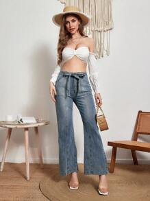 SHEIN Essnce Women's Flare Jeans With Slanted Pockets, Washed Finish - Blue - View 4