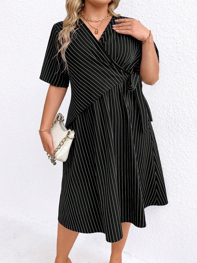Women's Plus Size Striped V-Neck Wrap Dress