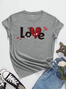 SHEIN EZwear Camiseta De Corte Estándar Con Estampado De Letras Y Corazones - Gris Claro - Ver 1