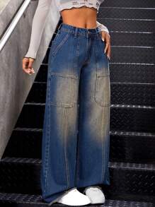 SHEIN ICON Của phụ nữ Màu thuần quần ống rộng Quần jean - Màu xanh lam - Xem 4