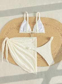 SHEIN Swim Women's Solid Texture Divided Bikini Set, 3pcs/Set Summer Beach