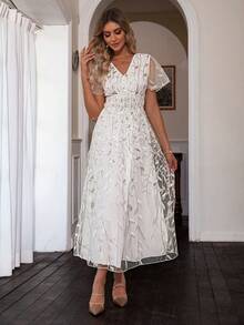 Simplee Women's V-Neck Embroidered Mesh Dress - White - View 5