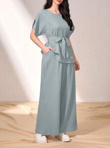 Graceveil 蝙蝠袖束带上衣和阔腿裤两件套 - 灰色 - 查看 4