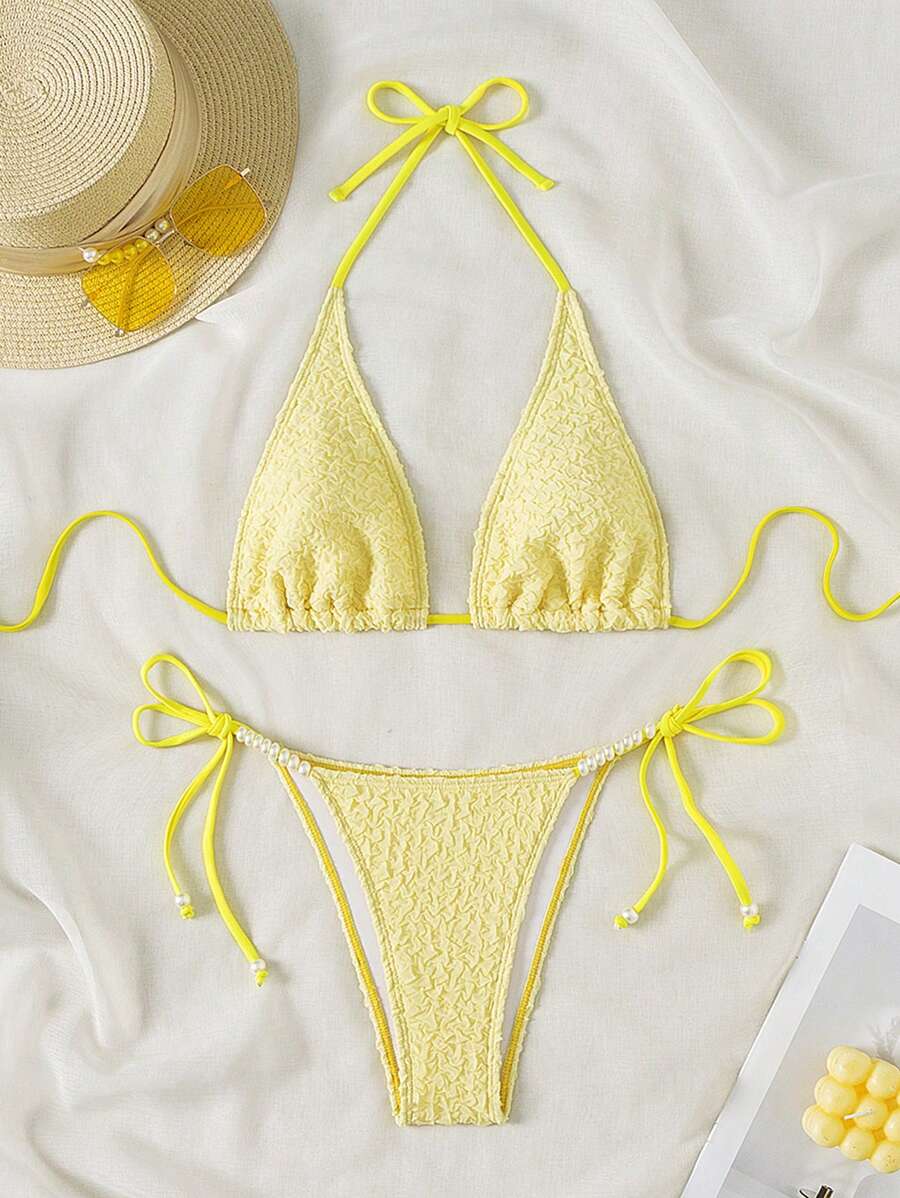SHEIN Swim Summer Women'S Floral Print Knot Side Bikini Set - Yellow - View 1