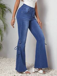 SHEIN LUNE Tie Waist Flared Denim Pants - Blue - View 7