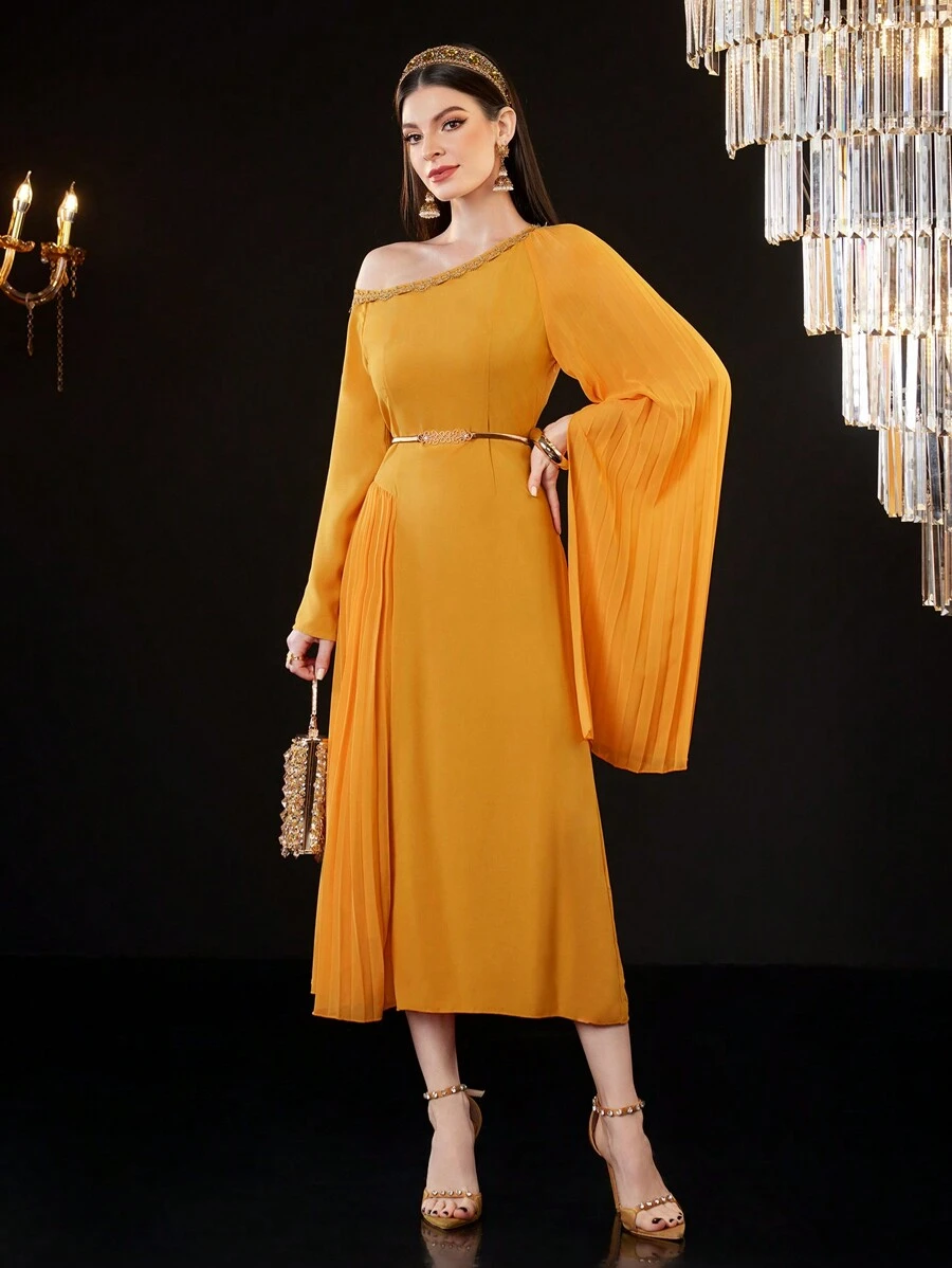 Modelyn Đầm dạ hội dài xếp ly lệch vai cho nữ - Màu vàng - Xem 1