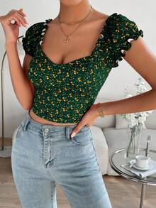 SHEIN Frenchy Của phụ nữ Ngắn tay Quần skinny Áo thun Với In hoa Và Tay áo phồng - màu xanh lá - Xem 6