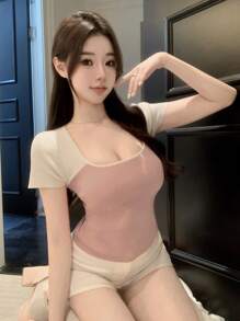 DAZY 女性短袖,色塊拼湊,修身針織上衣 - 橘色 - 查看 5