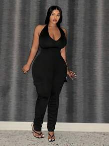 Slaydiva Plus Size Black Tight-Fitting Halter Neck Backless Jumpsuit - Black - View 3