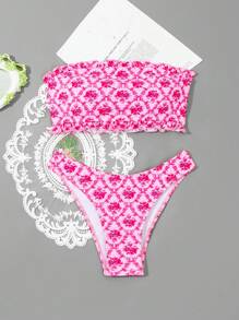 SHEIN Swim Women's Pink Bandeau Bikini Set With Random Print, Strapless Bikini Set Bathing Suit Beach Outfit Summer Vacation Summer Beach - Multicolor - View 1