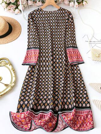 SHEIN LUNE Plus Size Women's Geometric & Floral Printed Long Sleeve Dress